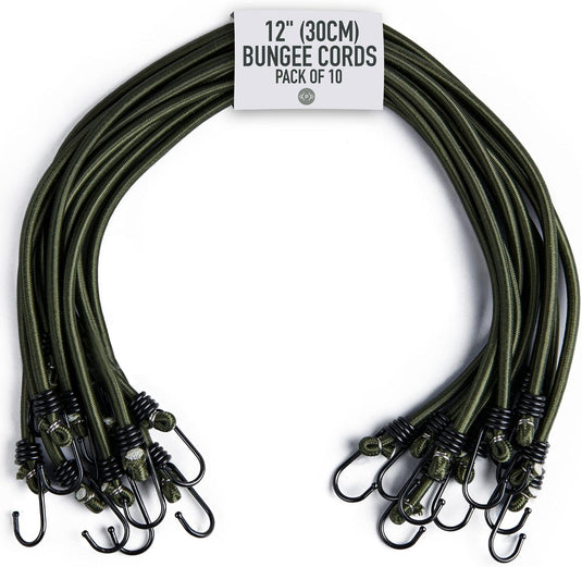 Pluvios - 12" (30CM) Bungee Cords with Hooks Heavy Duty Outdoor - 10 Pack – Choice of Sizes - Multi-Purpose Elastic Bungee Straps for Luggage, Camping - Weatherproof & UV