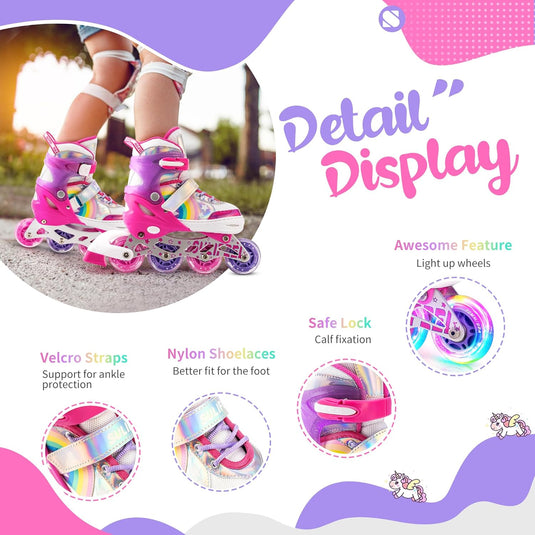 SULIFEEL Rainbow Unicorn Verstelbare zwarte rolschaatsen voor kinderen, met lichtgevende wielen, voor jongens