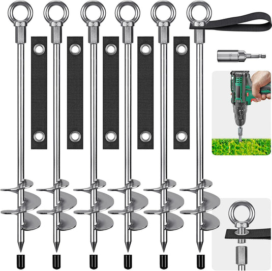Grondankers 6 stuks 45 cm heavy duty met spanbanden en booradapter – trampoline ankers – stormankers