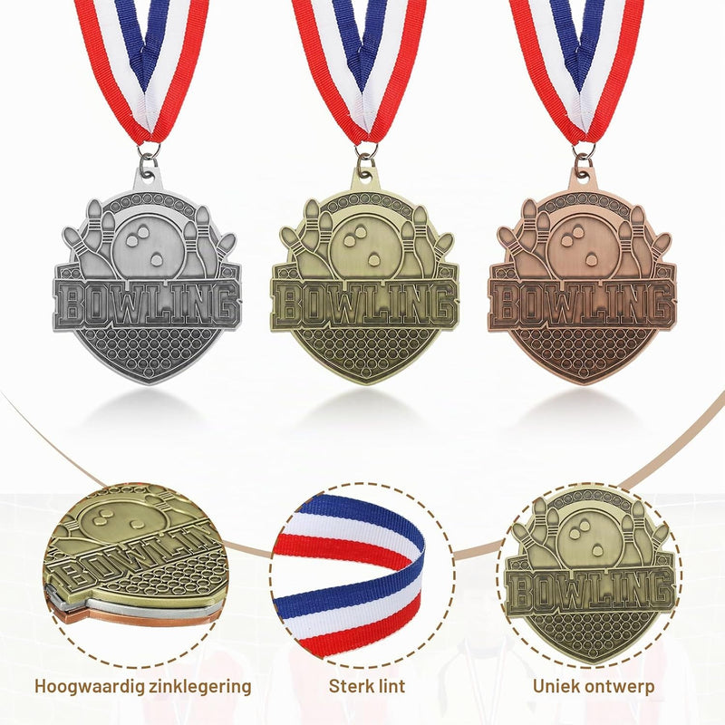 Carica immagine in Galleria Viewer, Bowling medailles 3 stuks goud zilver brons met neklinten – sportmedailles – prijzen en trofeeën
