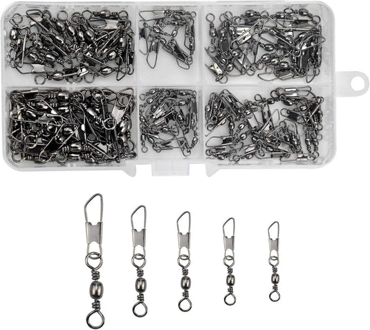 Visserij vat Swivel met Veiligheid Snap Interlock Snaps Hoge Sterkte Tackle, Vissen Swivel Snaps Kit Solid Barrel Swivel met Safty Snap Connector Vismaat 6 # 8 # 10 # 12 # 14 # (100)
