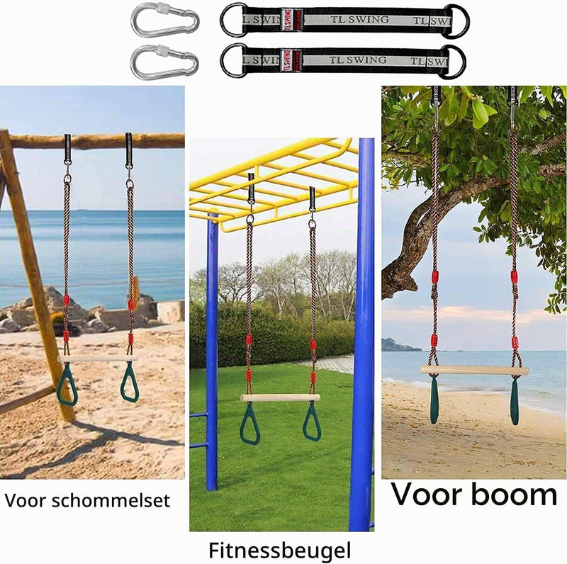 Laden Sie das Bild in Galerie -Viewer, Trapezeschommel 2-in-1 met gymnastiekringen tot 120 kg – houten turnschommel – binnen en buiten

