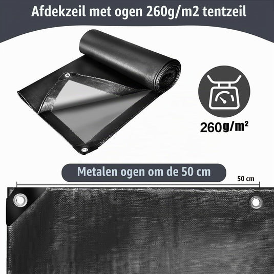 Waterdicht afdekzeil 2 x 4 meter 260 g/m² met ogen zwart – PE dekzeil – beschermzeil