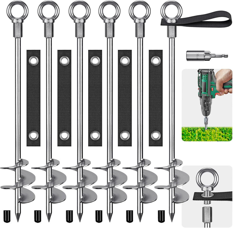 Load image into Gallery viewer, Grondankers 6 stuks 45 cm heavy duty met spanbanden en booradapter – trampoline ankers – stormankers
