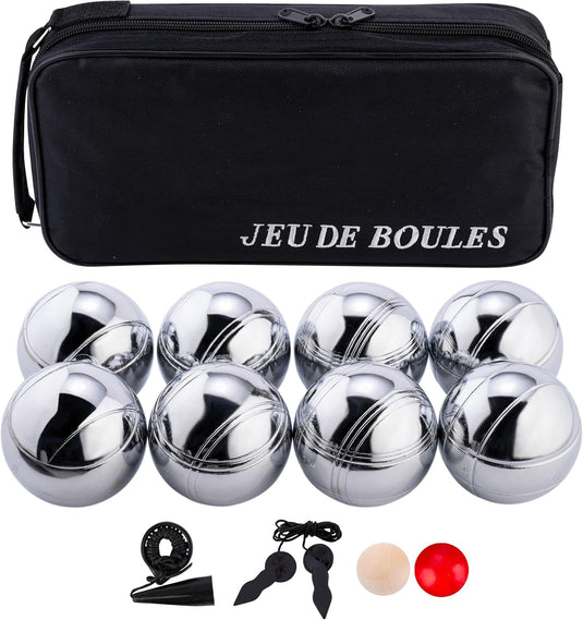 Zestaw do gry w bule z 8 metalowymi kulami o średnicy 74 mm, w tym torbą transportową i miarką – pétanque – gry na świeżym powietrzu