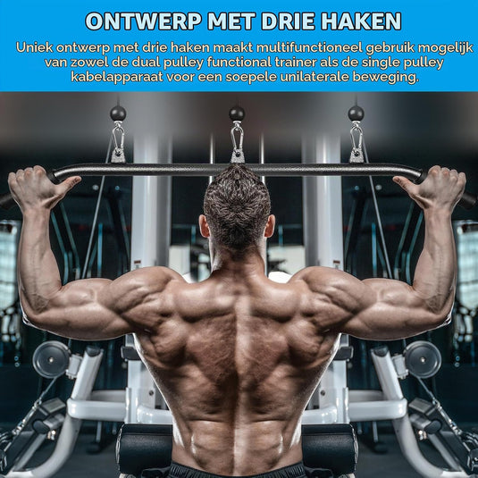 Steel lat pulldown bar with 3 attachment points and non-slip handles – cable pull bar – back training