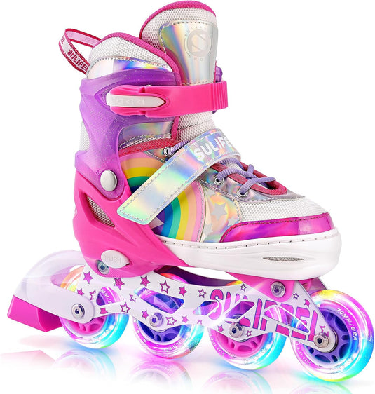 SULIFEEL Rainbow Unicorn Verstelbare zwarte rolschaatsen voor kinderen, met lichtgevende wielen, voor jongens