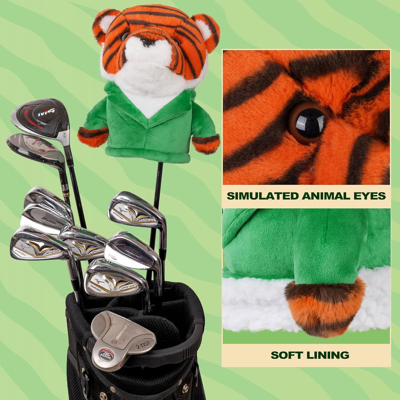 Laden Sie das Bild in Galerie -Viewer, Plüsch-Golfclubhülle mit Tiger in grüner Jacke für Driver bis 460cc – Tier-Headcover – Golfgeschenk
