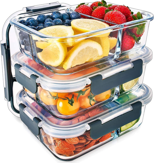 Glazen meal prep bakjes set van 3 met 3 vakken