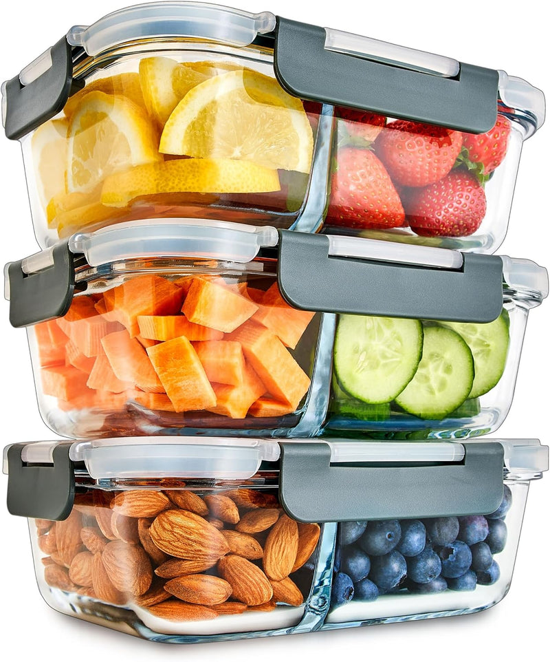 Laden Sie das Bild in Galerie -Viewer, Glazen meal prep bakjes set van 3 met 3 vakken
