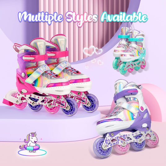 SULIFEEL Rainbow Unicorn Verstelbare zwarte rolschaatsen voor kinderen, met lichtgevende wielen, voor jongens