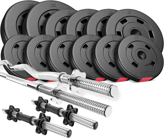 Hop-Sport Halterset 45 kg 1 x Lange Halterstang, 1 x Curl Stang, 2 x Korte Halters, Gewichten 2 x 5 kg / 4 x 2,5 kg / 6 x 1,25 kg