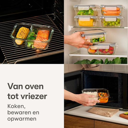 Glazen meal prep bakjes set van 2 met 3 vakken