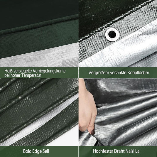 Waterdicht afdekzeil 4 x 5 meter 180 g/m² met ogen groen-zilver – PE dekzeil – beschermzeil