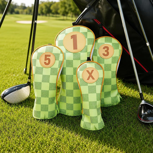 Golfclub beschermhoezen 4 stuks met dambordpatroon van kunstleer voor driver fairway en hybrid – golfcovers – clubhoezen