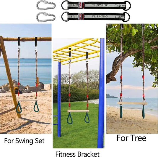 Trapezeschommel 2-in-1 met gymnastiekringen tot 120 kg – houten turnschommel – binnen en buiten