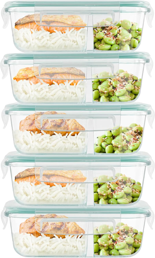 Glazen meal prep bakjes set van 5 met 2 vakken