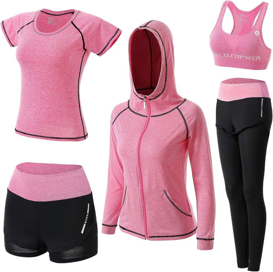 🔥 Trainingspak voor dames – complete 5-delige set 💪 in roze en zwart, inclusief t-shirt, hoodie, sport-bh, shorts en leggings. Gemaakt van duurzaam materiaal voor comfort tijdens elke training. Getoond op een witte achtergrond.
