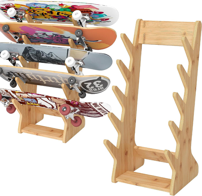 Carica immagine in Galleria Viewer, Skateboard vloerrek van hout met 5 vakken – vrijstaande boardhouder – skateboard opbergrek
