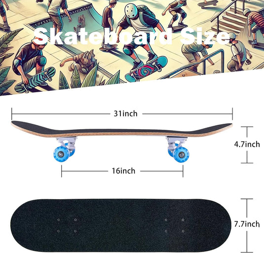 Compleet skateboard 70 x 20 cm met 8-laags esdoorn deck en ABEC-11 lagers – double kick skateboard