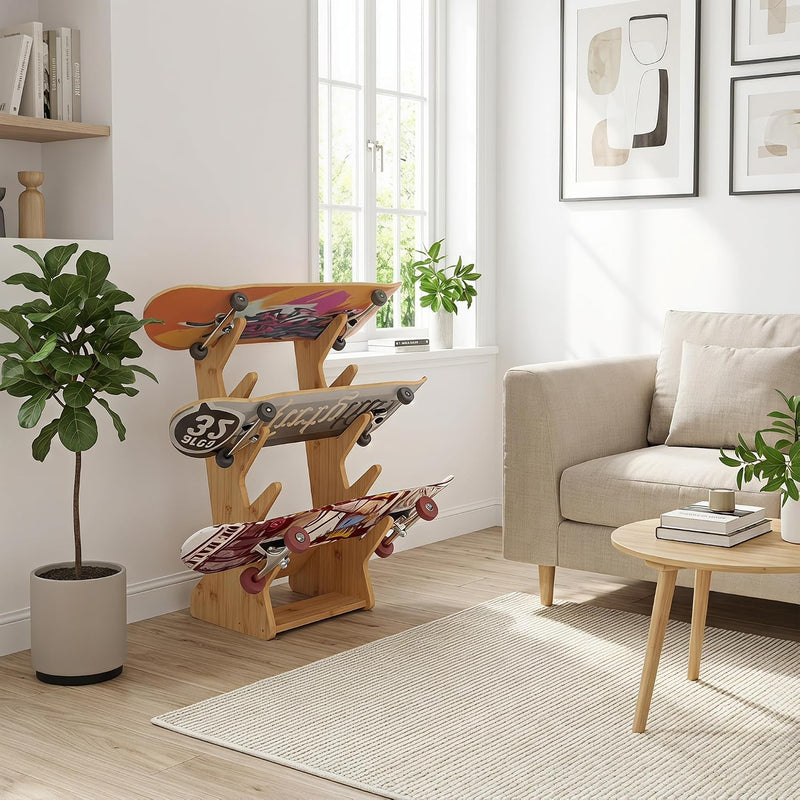 Carica immagine in Galleria Viewer, Skateboard vloerrek van hout met 5 vakken – vrijstaande boardhouder – skateboard opbergrek
