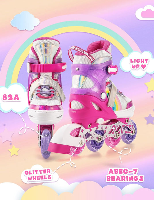 SULIFEEL Rainbow Unicorn Verstelbare zwarte rolschaatsen voor kinderen, met lichtgevende wielen, voor jongens