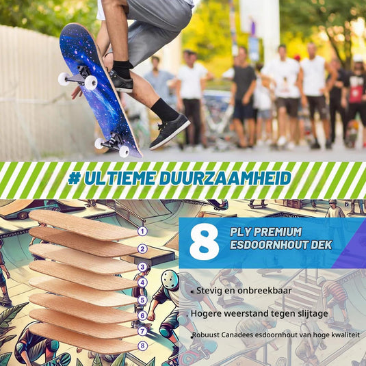 Compleet skateboard 70 x 20 cm met 8-laags esdoorn deck en ABEC-11 lagers – double kick skateboard