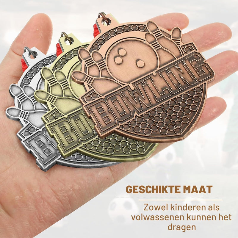 Carica immagine in Galleria Viewer, Bowling medailles 3 stuks goud zilver brons met neklinten – sportmedailles – prijzen en trofeeën
