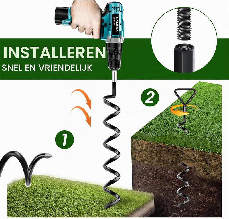 Laden Sie das Bild in Galerie -Viewer, Grondankers 4 stuks 40 cm met verstelbare riemen en booradapter – trampoline ankers – stormankers
