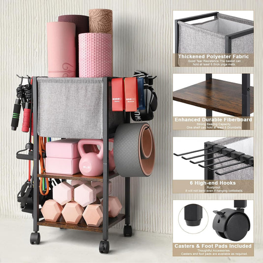 Yoga Mat Storage Rack, Multi-layer Yoga Mat Holder, Gym Equipment, Dumbbell Rack with Hooks and Wheels, Home Gym Workout Equipment Storage for Yoga Block Foam Roller Kettlebell Yoga Strap and Resistance Bands