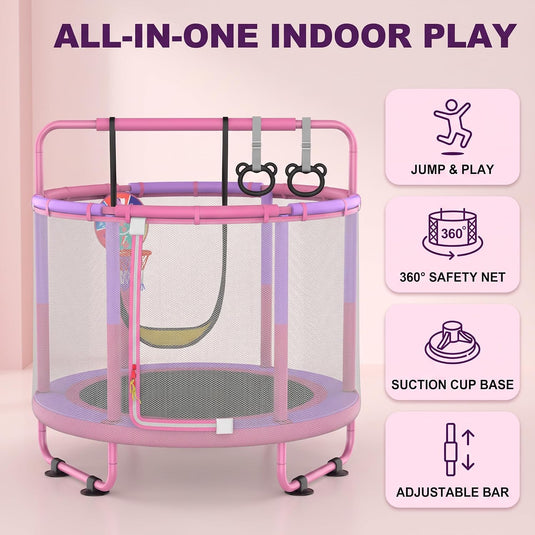 Kindertrampoline met veiligheidsnet schommel en basketbalmand roze-paars – trampoline – speeltoestel