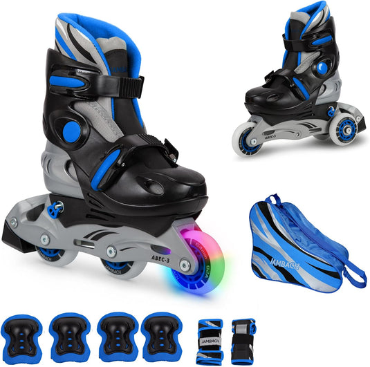 Inlineskates voor kinderen, met beschermers, verstelbaar, met led, blauw