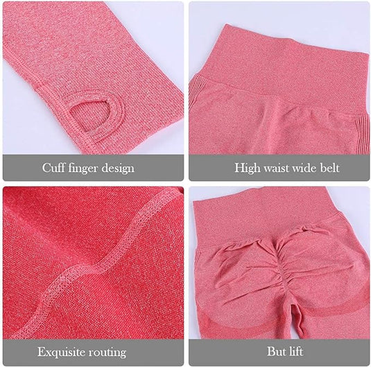 Vier afbeeldingen van naadloze roze leggings benadrukken het ontwerp van de manchetvingers, de brede riem met hoge taille, prachtige routing en butt-lift-functie. Onderdeel van de "Zie er geweldig uit en voel je geweldig in deze 3-delige yoga workoutset", is gemaakt met betrouwbare stof voor maximaal comfort en flexibiliteit.