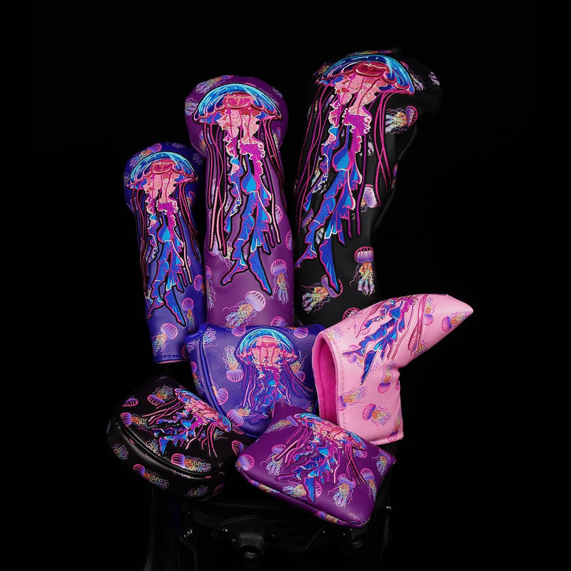 Load image into Gallery viewer, Golf club headcover with colorful jellyfish embroidery for driver, fairway wood, and hybrid – golf headcover – club protector
