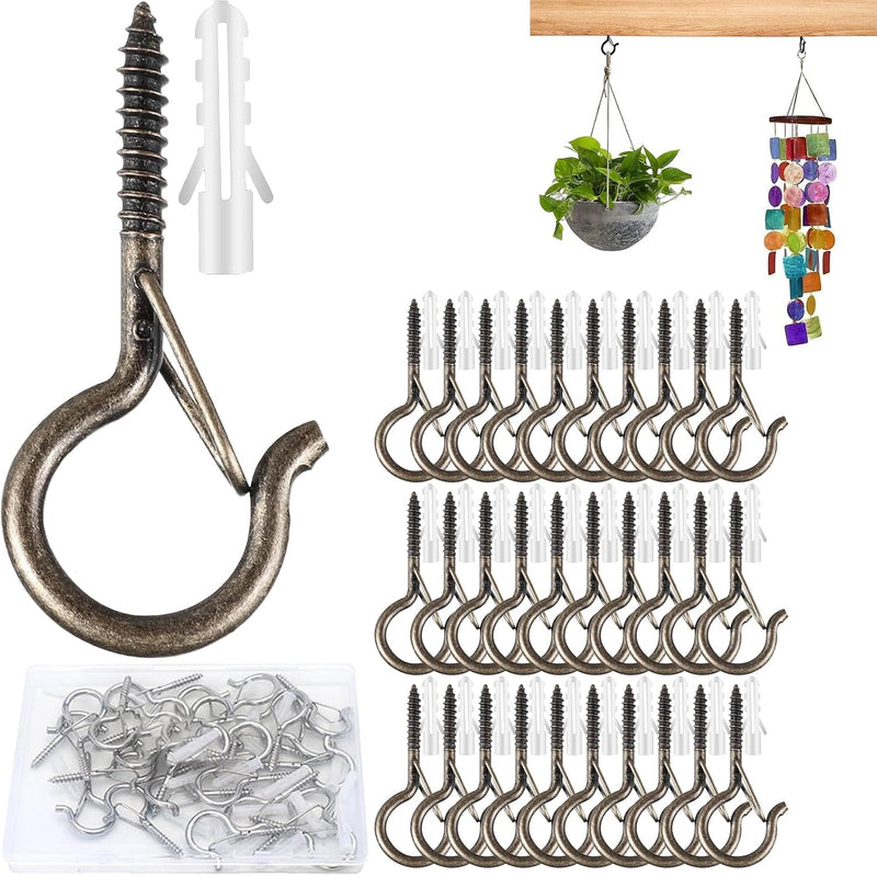 Chargez l'image dans la visionneuse de la galerie, 30 stuks schroefhaken, plafondhaken met veiligheidsgesp, metalen haken voor het ophangen van planten, vogelhuisjes, windgong, bevestiging van kerstverlichting buiten (Goud)
