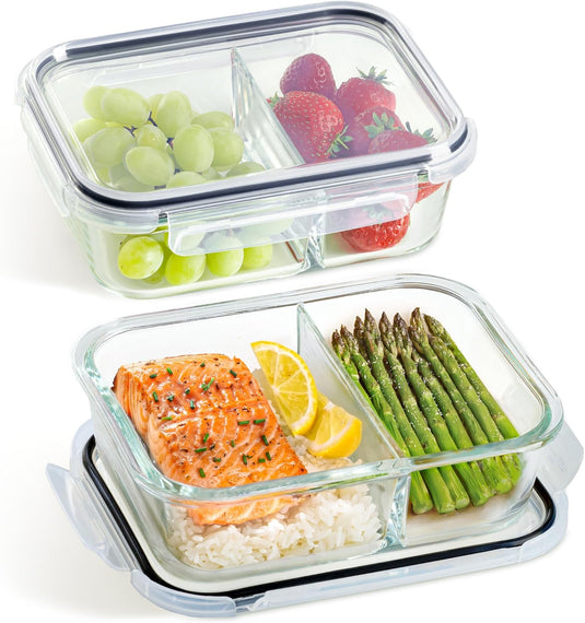 Glazen meal prep bakjes set van 2 met 3 vakken