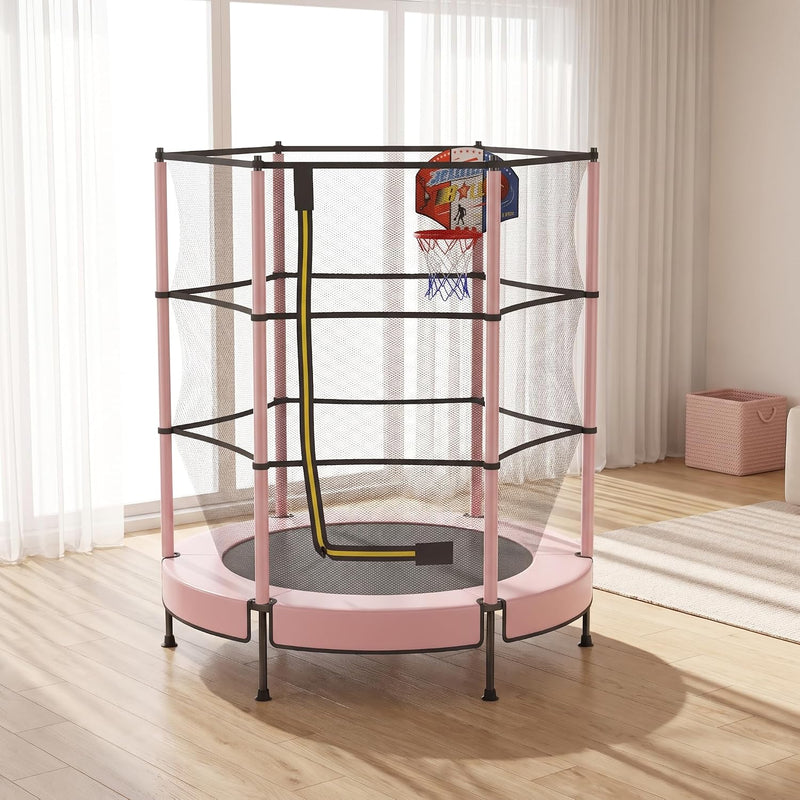 Laad afbeelding in Galerijviewer, Kindertrampoline 145 cm met veiligheidsnet en verstelbare basketbalmand – trampoline – indoor outdoor
