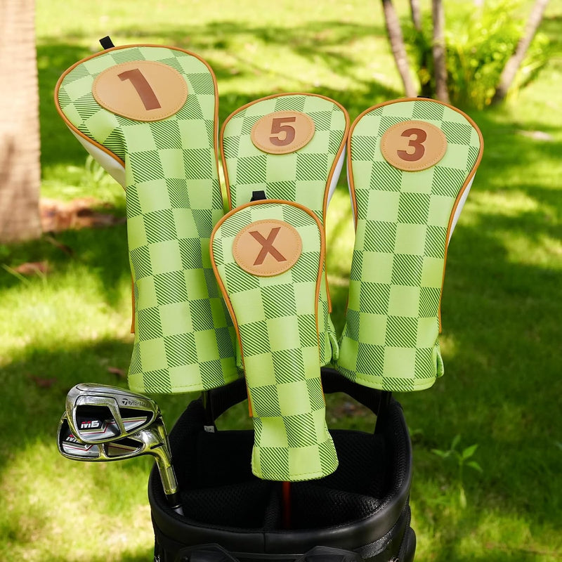 Laad afbeelding in Galerijviewer, Golfclub beschermhoezen 4 stuks met dambordpatroon van kunstleer voor driver fairway en hybrid – golfcovers – clubhoezen
