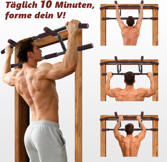 Drążek do podciągania do ościeżnicy, bez wiercenia, z wieloma pozycjami chwytu, czerwony – drążek do podciągania – trening siłowy