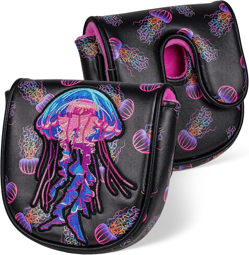 Load image into Gallery viewer, Golf club headcover with colorful jellyfish embroidery for driver, fairway wood, and hybrid – golf headcover – club protector

