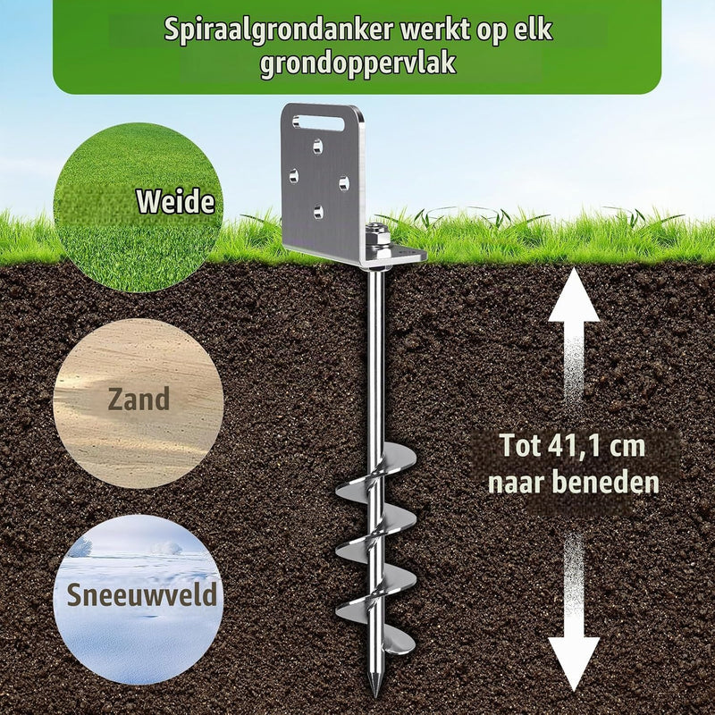 Laad afbeelding in Galerijviewer, Grondankers 6 stuks 60 cm heavy duty met L-beugels en booradapter – trampoline ankers – stormankers
