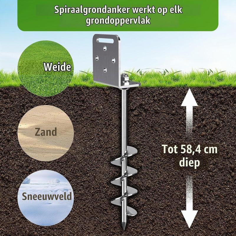 Laad afbeelding in Galerijviewer, Grondankers 6 stuks 60 cm heavy duty met L-beugels en booradapter – trampoline ankers – stormankers
