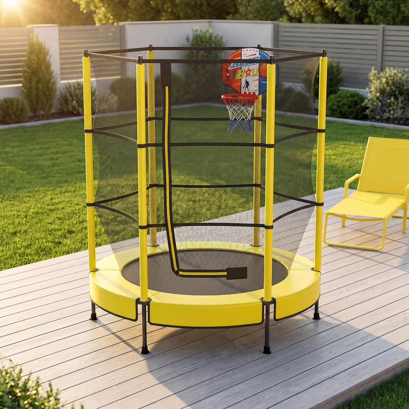 Laad afbeelding in Galerijviewer, Kindertrampoline 145 cm met veiligheidsnet en verstelbare basketbalmand – trampoline – indoor outdoor
