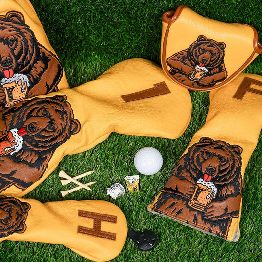 Golf putter beschermhoes met bierdrinkende beer borduurwerk voor DF3 hamerputters – mallet headcover – putterbescherming