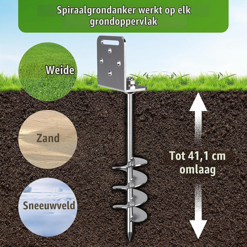 Laad afbeelding in Galerijviewer, Grondankers 6 stuks 60 cm heavy duty met L-beugels en booradapter – trampoline ankers – stormankers
