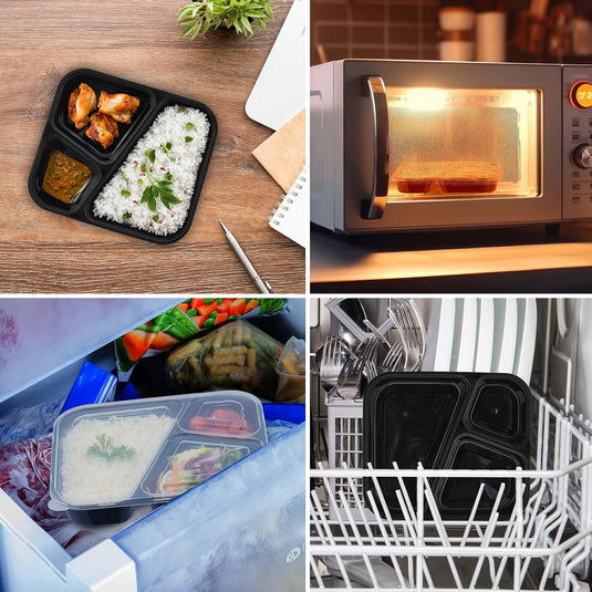 Meal prep bakjes set van 24 met 3 vakken zwart