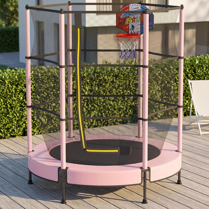 Laad afbeelding in Galerijviewer, Kindertrampoline 145 cm met veiligheidsnet en verstelbare basketbalmand – trampoline – indoor outdoor
