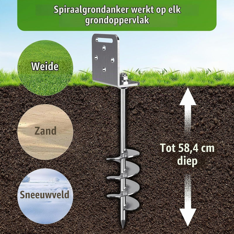 Laad afbeelding in Galerijviewer, Grondankers 6 stuks 60 cm heavy duty met L-beugels en booradapter – trampoline ankers – stormankers
