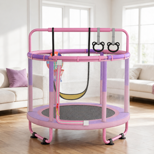 Kindertrampoline met veiligheidsnet schommel en basketbalmand roze-paars – trampoline – speeltoestel