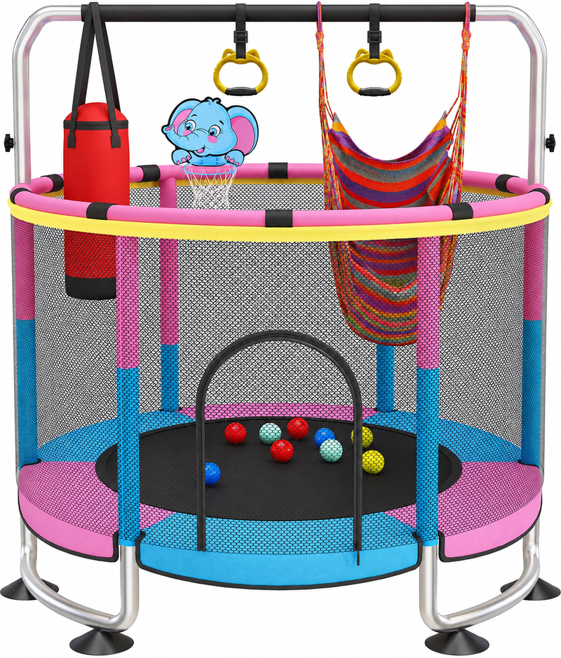 Załaduj obraz do przeglądarki galerii, Kindertrampoline 150 cm met veiligheidsnet schommel en basketbalmand roze – trampoline – indoor outdoor
